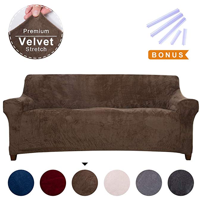 ACOMOPACK Sofa Cover for 3 Cushion Couch Velvet Stretch Couch Cover Recliner Chair Cover Couch Slip Covers for Furniture Sofa Loveseat Cover Protector for Dogs with Plastic Tuckers and Side Pocket