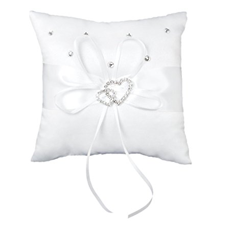 Generic White Double Heart Rhinestone Wedding Ring Pillow 6 inch x 6 inch (Style 2)