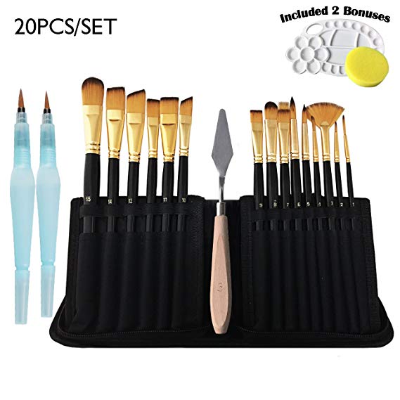 20 Pcs Paint Brush Set,Professional Artist Acrylic Paint Brushes with Water Coloring Brush Pen for Acrylic Watercolor Oil Gouache Painting by Lasten