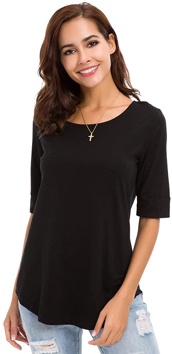 Women's Casual T Shirts Cotton Mid Sleeve Basic Tunics Tee Tops Solid