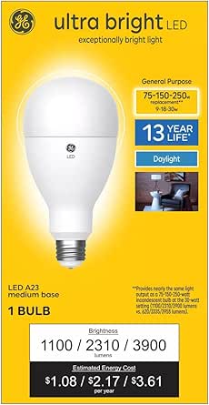 GE Lighting GE Ultra Bright LED 3-Way Light Bulb, 75/150/250 watt Equivalent, Daylight, 1100/2310/3900 lumens, exceptionally Bright LED A23, Frost Finish, ultrabright LED