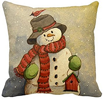 Snowman and Birdhouse Christmas Throw Pillow Case Personalized Cushion Cover NEW Home Office Decorative Square 18 X 18 Inches