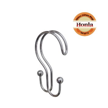 Honla Metal Bathroom Accessories,2-Line Style Shower Curtain Hooks/Rings,Double Glide on Bath Rod to Hang Curtain and Liner,Heavy Duty Hangers for Caddy Organizer Hanging-Set of 12-Polished Chrome