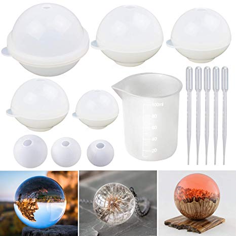 Round Sphere Silicone Resin Molds, 8PCS Epoxy Resin Ball Molds for Resin Jewelry, Flower Specimen, Soap DIY Fans, with Nonstick Silicone Mixing Cup