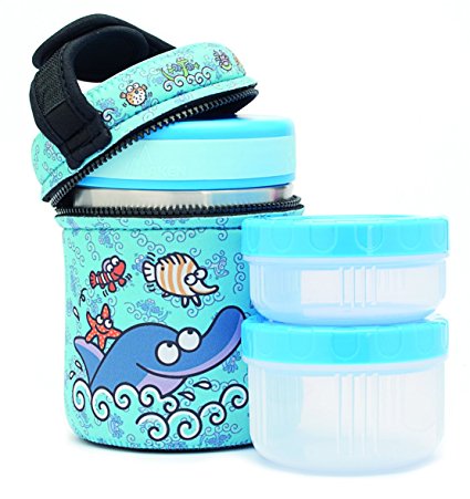 Laken Thermo Insulated Stainless Steel Vacuum Food Jar Container w/Kukuxumusu Cover and PP Containers 34 Ounces Dolphin