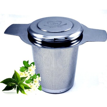 Brew-in-Mug Tea Infuser for Loose Leaf Tea With Lid, Extra Fine Mesh 304 Stainless Steel Strainer/Filter Basket For Tea Cup, Tea Mug, or Tea Pot. From Love Your Tea. 4" with handles, 2 1/2" deep