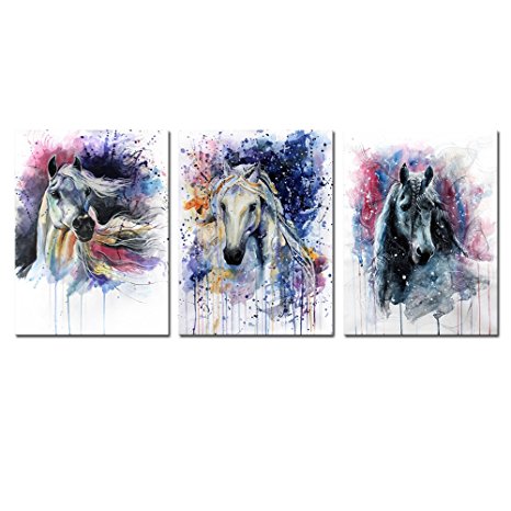 DZL Art D70234 Canvas Wall Art Horse Painting Prints on Canvas Framed Ready to Hang-3 Panels Watercolor Horses Prints Fine Art for Home Decor