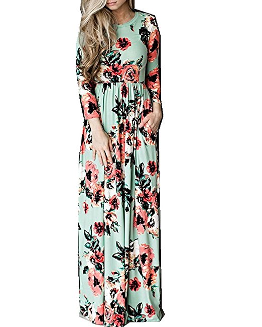 ASSKDAN Women Casual Floral Print Long Sleeve Plus Size Maxi Long Dress