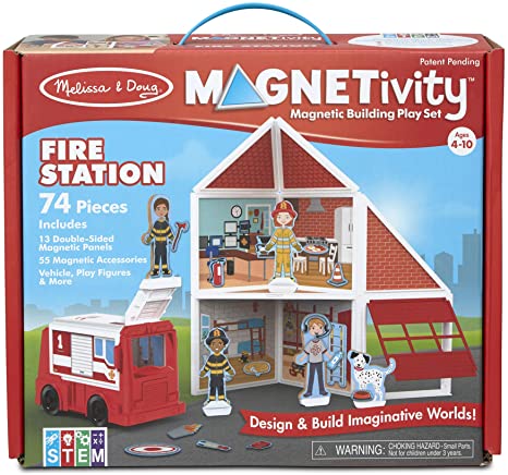 Melissa & Doug Magnetivity Magnetic Tiles Building Play Set – Fire Station with Fire Truck Vehicle (74 Pieces, STEM Toy, Great Gift for Girls and Boys - Best for 4, 5, 6, 7, 8 Year Olds and Up)