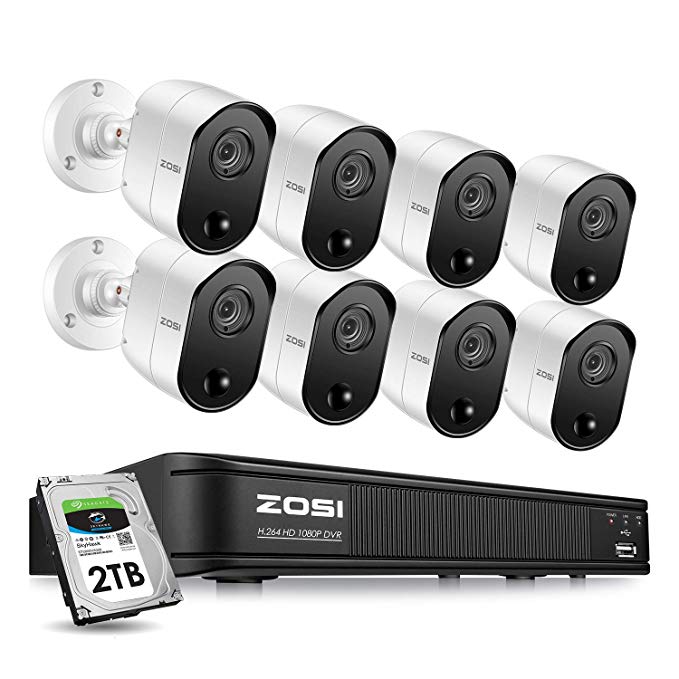 ZOSI 1080p 8 Channel Security Camera System for Home, CCTV DVR with Hard Drive 2TB and 8 x 2MP Surveillance Bullet Camera Outdoor Indoor with PIR Motion Sensor,Day Night Vision,Remote Access