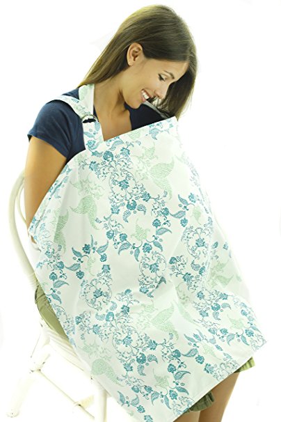 Nursing Cover - Breathable Cotton Breastfeeding Apron – Blue Green Floral Design - Baby Feeding