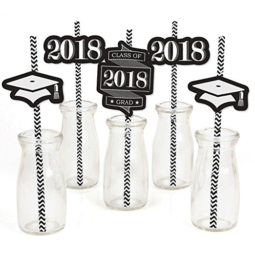 Graduation Cheers Paper Straw Decor - 2018 Graduation Party Striped Decorative Straws - Set of 24