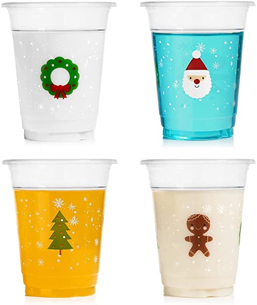 50 Pack Disposable Plastic Christmas Cups 12 oz. Santa Tree Wreath Gingerbread Clear Drinking Cup Winter Xmas Dinner Beverage Drink for Adults Kids Festive Holiday Tableware Party Supplies Decorations