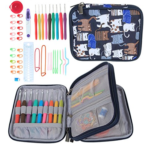 Teamoy Ergonomic Crochet Hooks Set, Knitting Needle Kit, Zipper Organizer Case With 9pcs 2mm to 6mm Soft Grip Crochets and Complete Accessories, Small Volume and Convenient to Carry, Cats Blue