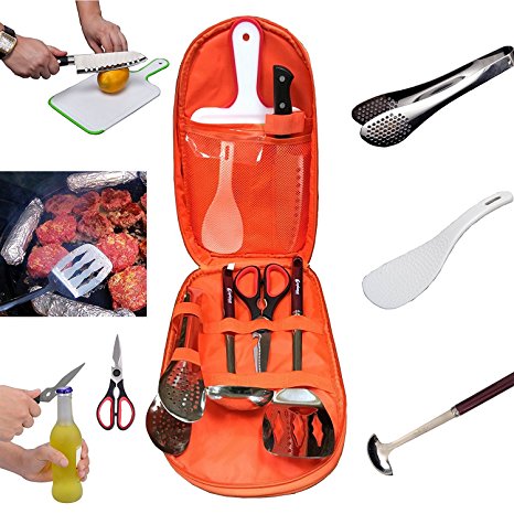 7 Piece Outdoor Indoor Camping Bbq Cooking Utensils Set Kitchenware Cookware Set, Cutting Board, Rice Paddle, Tongs, Scissors, Knife(Orange)
