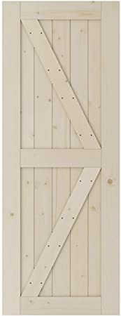 SmartStandard 30in x 80in Sliding Barn Wood Door Pre-Drilled Need to Assemble, DIY Unfinished Solid Spruce Wood Panelled Slab, Interior Single Door Only, Natural, K-Frame (Fit 5FT Rail)