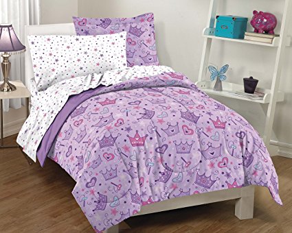 Dream Factory Purple Princess Hearts And Crowns Girls Comforter Set, Multi, Twin