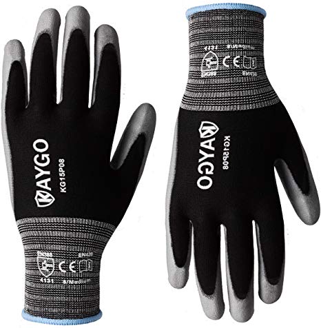 Work Gloves PU Coated-12 Pairs,KAYGO KG15P,Nylon Lite Polyurethane Safety Work Gloves, Gray Polyurethane Coated, Knit Wrist Cuff,Ideal for Light Duty Work