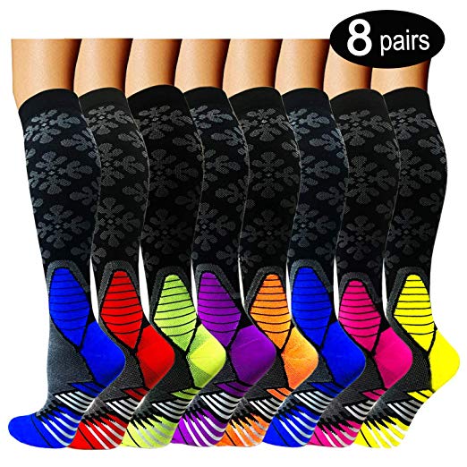 8 Pairs Compression Socks Women & Men -Best Medical,Nursing,Travel & Flight Socks-Running & Fitness-15-20mmHg