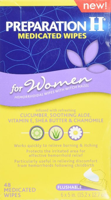 Preparation H Medicated Wipes for Women with Cucumber Aloe Vitamin E Shea Butter and Chamomile 48 Count