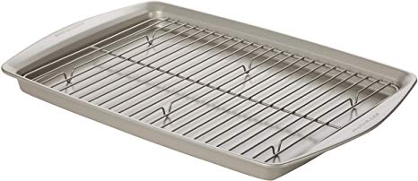 Rachael Ray 47684 Nonstick Bakeware Set without Grips, Nonstick Cookie Sheets / Baking Sheets and Cooling Rack - 2 Piece, Silver