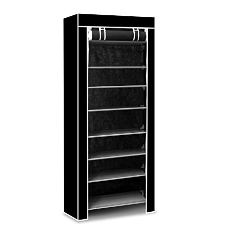 TeqHome 10-Tier Portable Shoe Tower Rack 27-Pair Space Saving Shoe Storage Organizer,Shoe Tower Cabinet,Shoe Shelves with Dustproof Cover(Black)