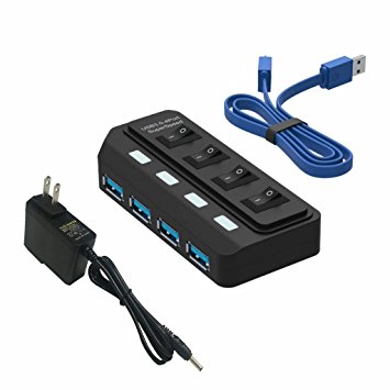 Tumao USB 3.0 4-port Superspeed Hub with 5V 2A Power Adapter, Powered USB Hub Built-in 23.6 inch USB 3.0 Cable with On Off Switch LED Indicator for iMac, MacBooks, PCs and Laptops (USB 3.0 Hub with Power Adapter)