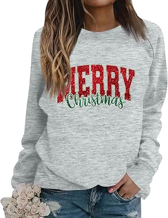 Merry Christmas Sweatshirts For Women Winter Raglan Long Sleeve Holiday Xmas Tshirts Ribbed Knit Crewneck Workout Tops