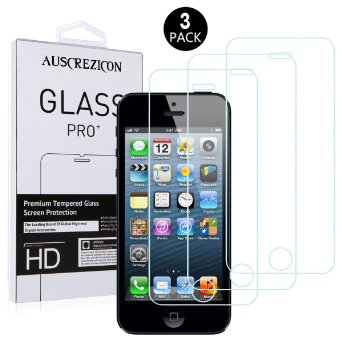 iPhone 5S Screen Protector, AUSCREZICON (3-PACK) 0.26mm 9H (Tempered Glass) Screen Protector for iPhone 5/5C/5S/5SE (Lifetime Warranty)