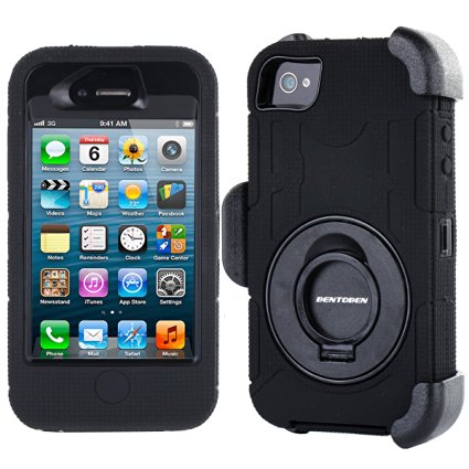 iPhone 4S Case, iPhone 4 Case, BENTOBEN Shockproof Heavy Duty Protection Hybrid Rugged Rubber Built-in Rotating Kickstand Belt Swivel Clip Holster for iPhone 4 4S,Black