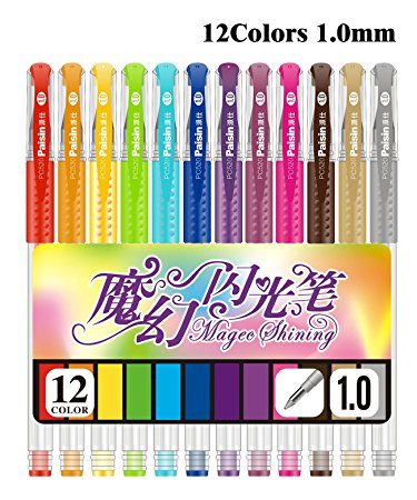 Deyllo 12 Assorted Color 1.0mm Tip Smooth Glitter Gel Ink Pens for Coloring Drawing Crafting