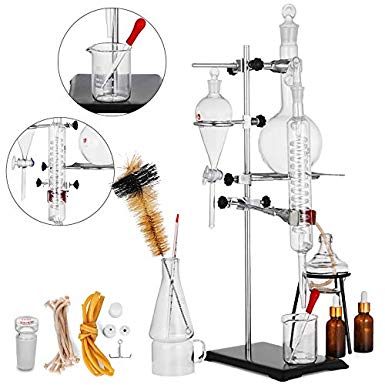 VEVOR Distillation Apparatus 500ML Lab Glassware Kit Glass Distilling for Pure Water Oil Essential Distillation with Condenser Pipe Flask(500ML,24,40)