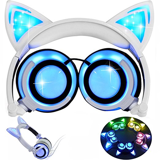 Kids Headphones with Cat Ear, AMENON Wired On-ear Foldable LED Gaming Flashing Lights USB Charger Earphone Headset for Children Compatible with IOS Phone and Android Phone Laptop (A White)