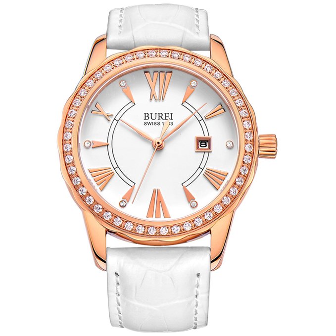 BUREI® Women's Date Precise Quartz Rose Gold Watch with White Leather Band
