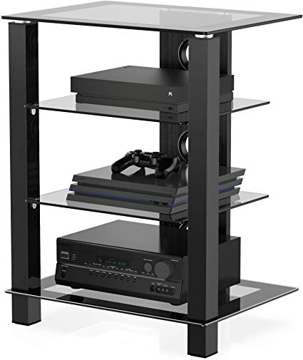 FITUEYES 4-Tier AV Media Stand Component Cabinet and Hi-Fi Rack Audio Tower with Height Adjustable Tempered Glass Shelves, AS406003GB