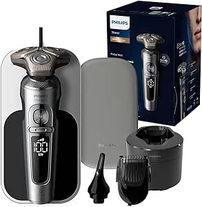 Philips Serie 9000 Prestige Afeitadora Eléctrica Hombre, Maquina de Afeitar Barba, Barbero, Naricero, Lift&Cut, Tecnologia SkinIQ, Inalambrica, Recargable, Base Carga QI, Funda, SP9885/35, Cromo