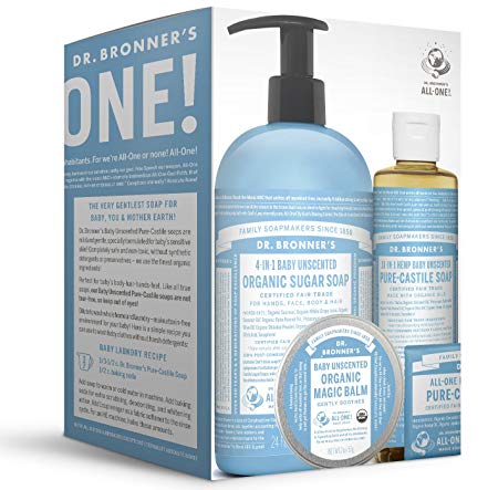 Dr. Bronner's Baby Unscented Gift Set - Pure-Castile Liquid and Bar Soaps, Organic Magic Balm, and 4-in-1 Organic Sugar Pump Soap