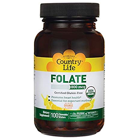 Country Life Folate 800 mcg - 100 Chewable Wafers - Promotes Heart Health - Essential for Expectant Mothers