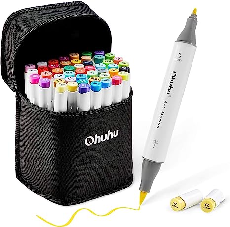 Ohuhu 48 Colours Alcohol Brush Markers, Double Tipped (Brush & Fine Tip) Sketch Markers for Kids, Artist Art Markers for Adult Coloring and Illustration, Bonus 1 Blender (48 Colours)