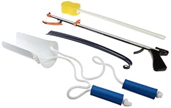 Sammons Preston Economy Hip Kit II, 4-Piece Kit Includes 32" Easireach II Reacher, 16.5" Plastic Shoehorn, Sock Aid with Built-Up Handles & Contoured Bath Sponge, Dressing Aids & Self-Care Tools