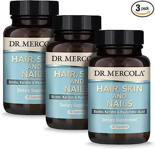 Dr. Mercola Hair, Skin & Nails (3 Pack) 30 Capsules (30 Servings), with Biotin, Solubilized Keratin, and Low Density Hyaluronic Acid, Non GMO, Gluten Free, Soy Free