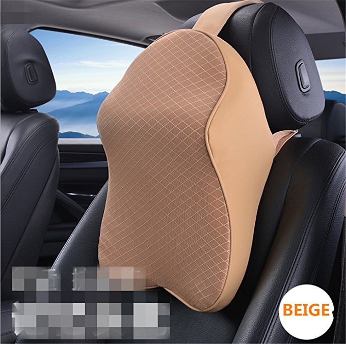 shakar Soft Memory Foam Car Headrest Neck Pillow,Also As Lumbar Support Back Seat Cushion with Adjustable Strap,1piece(Beige)