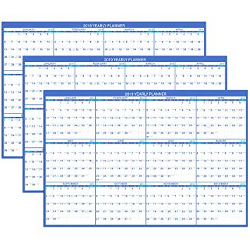 Erasable Wall Calendar 2019 - Erasable Vertical or Horizontal Wall Calendar with Federal Holidays, 12 Months Yearly Annual Planner, 24" x 36", Sky Blue/Navy Blue, 3 Pack - Poluma