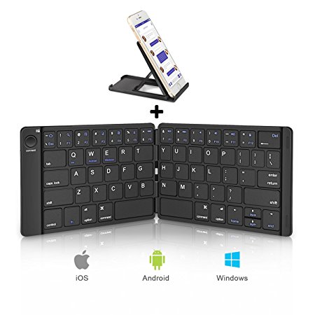 Foldable Bluetooth Keyboard, Sounwill Wireless Portable Bluetooth Keyboard with Stand Holder, Pocket Size Ultra Slim Premium Leather Folding Keyboard for iPad, iPhone, Tablets and More-Black