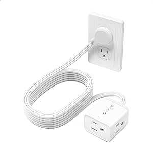 TROND 10ft Long Extension Cord Indoor, Left Angle Ultra-Thin Flat Plug, 3 Sided Multi Plug Outlets, 13 Amps, 1625W, Small Flexible SPT 16/3 Power Bar Cable Splitter, Home Office Dorm Room Essentials