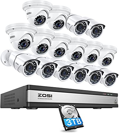 ZOSI 4K 16CH PoE Home Security Cameras System,4K 8MP 16CH H.265 CCTV NVR with 3TB HDD and 16 x 5MP Indoor Outdoor PoE IP Bullet Dome Cameras with Night Vision,Remote Access for 24/7 Recording