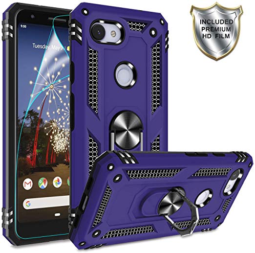 Google Pixel 3A Phone Case,Google Pixel 3A 2019 Case with HD Screen Protector,Gritup 360 Degree Rotating Metal Ring Holder Kickstand Armor Anti-Scratch Bracket Cover Case for Google Pixel 3A Purple