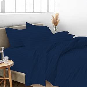 Queen Size 100% Egyptian Cotton 800 Thread Count 4 Piece Sheets Set - 18" Inch Deep Pocket, Smooth & Soft Sateen Weave, Premium Quality Hotel Bedding, Navy Blue Stripe