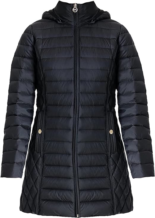 Michael Michael Kors Women's Black Hooded Down Packable Jacket Coat with Removable Hood 3/4 Length Long