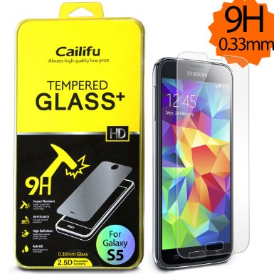Cailifu Tempered Glass Samsung Galaxy S5 Highest Quality Premium High Definition Ultra Clear Screen protector with Lifetime Replacement Warranty 1-Pack - Retail Packaging 2014 033mm26D Rounded Edges
